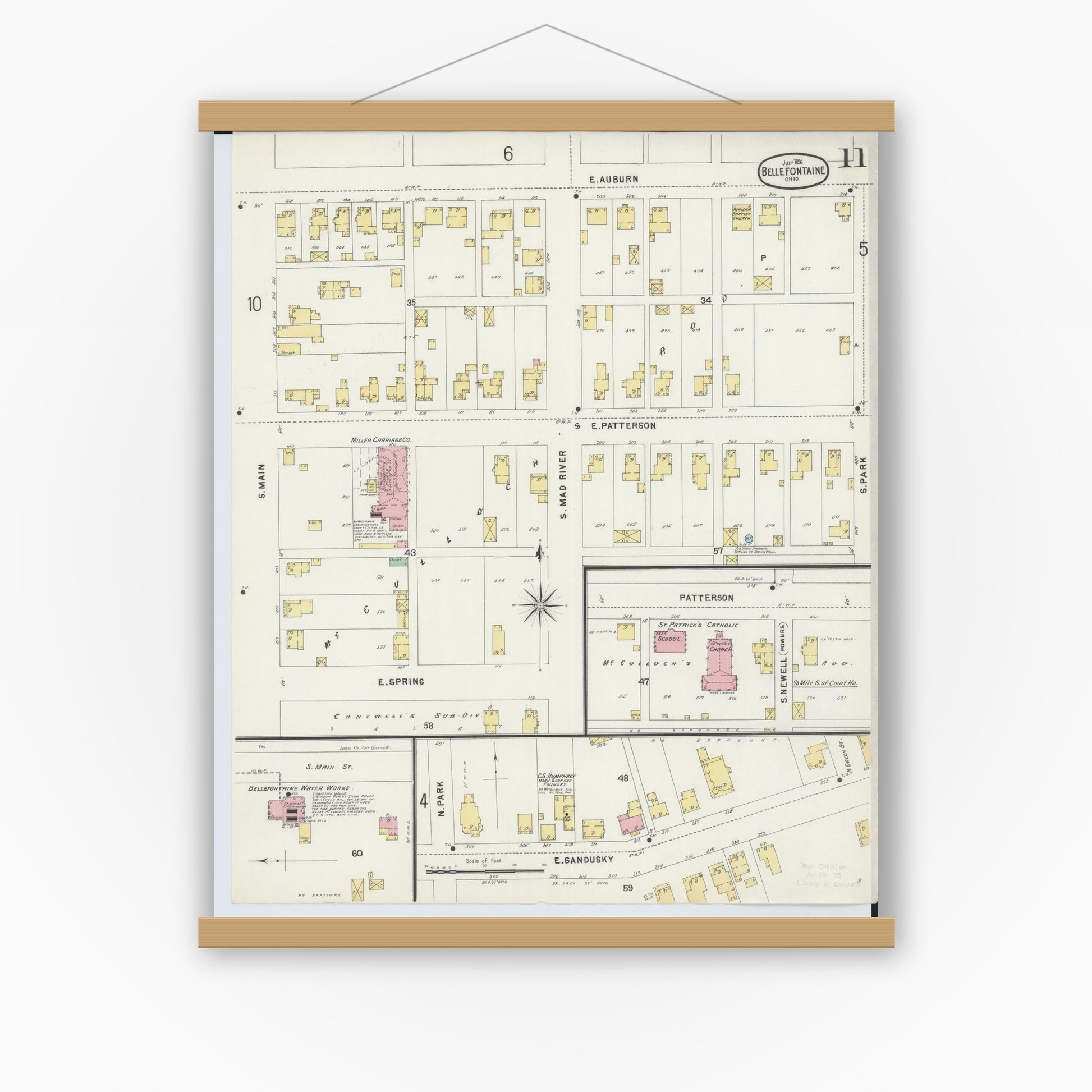 Old map wall art mockup — magnetic wood frame on white wall — Sanborn Fire Insurance Map from Bellefontaine, Logan County, Ohio (1896), Sheet #0011