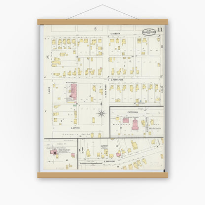 Old map wall art mockup — magnetic wood frame on white wall — Sanborn Fire Insurance Map from Bellefontaine, Logan County, Ohio (1896), Sheet #0011