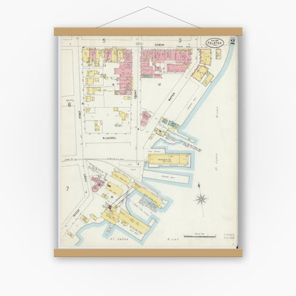 Old map wall art mockup — magnetic wood frame on white wall — Sanborn Fire Insurance Map from Palatka, Putnam County, Florida (1897), Sheet #0002
