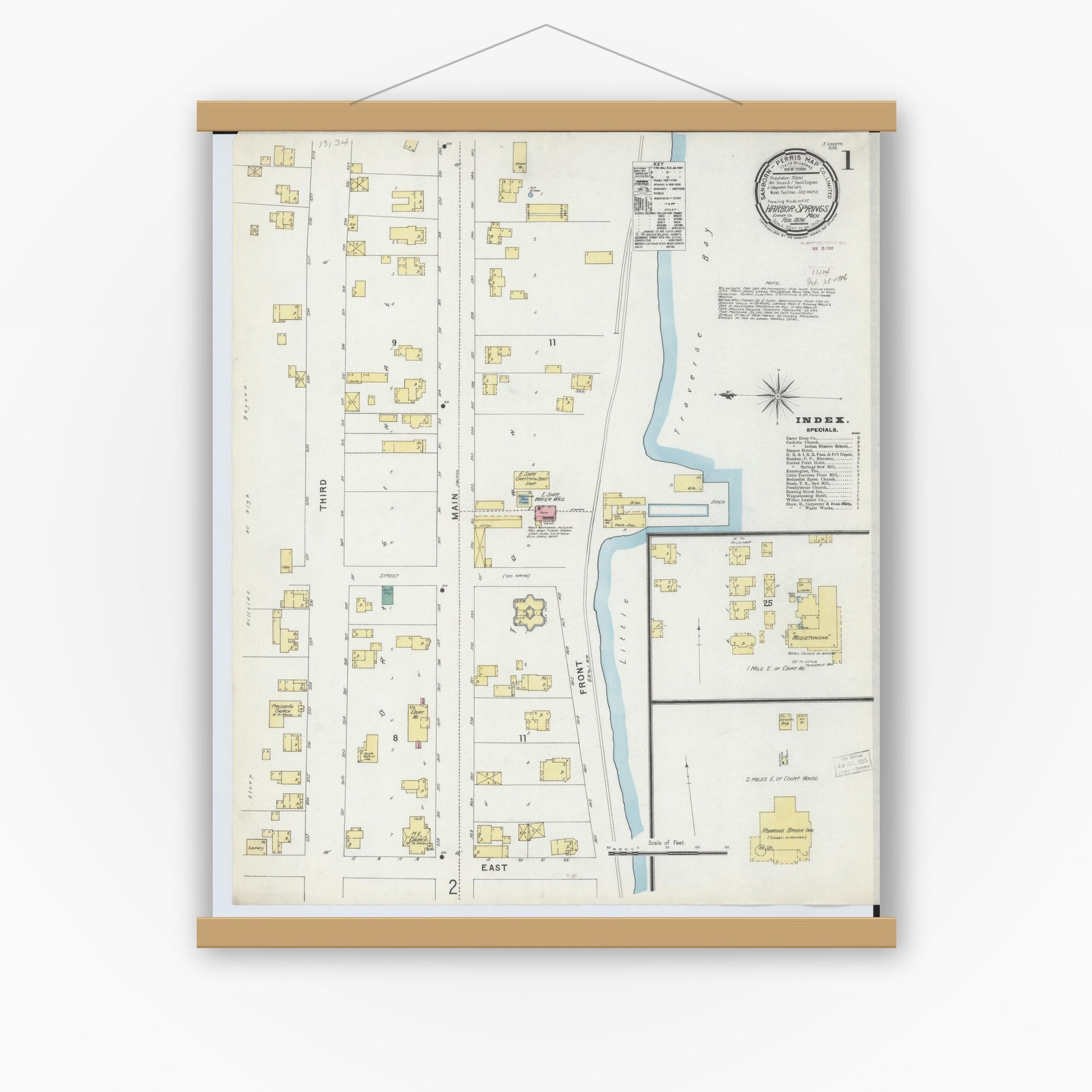 Old map wall art mockup — magnetic wood frame on white wall — Sanborn Fire Insurance Map from Harbor Springs, Emmet County, Michigan (1896) - Complete Map Set