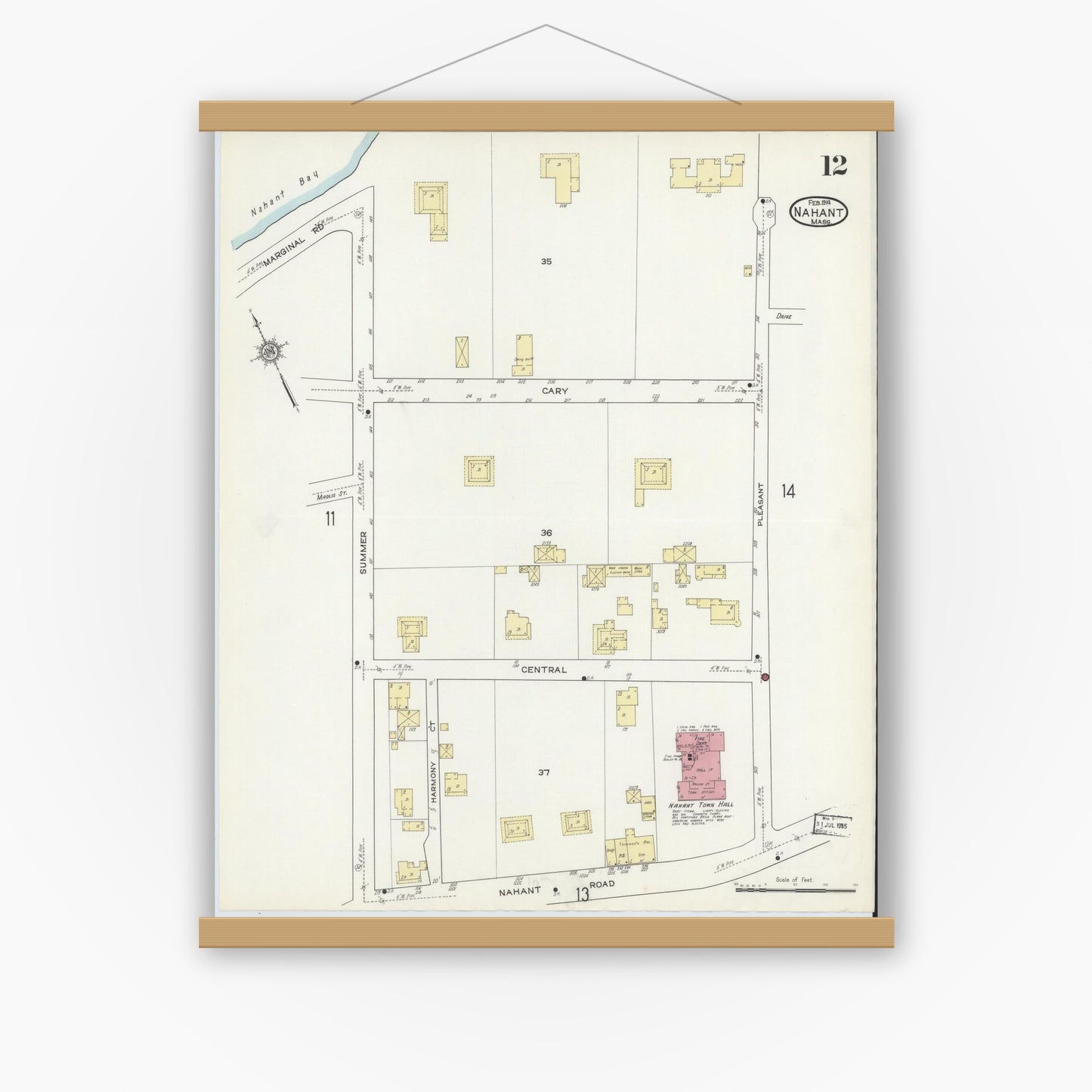 Old map wall art mockup — magnetic wood frame on white wall — Sanborn Fire Insurance Map from Nahant, Essex County, Massachusetts (1914), Sheet #0012