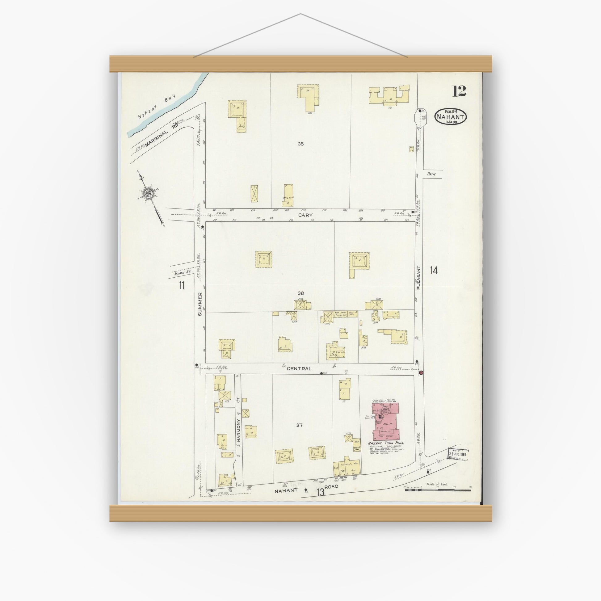 Old map wall art mockup — magnetic wood frame on white wall — Sanborn Fire Insurance Map from Nahant, Essex County, Massachusetts (1914), Sheet #0012