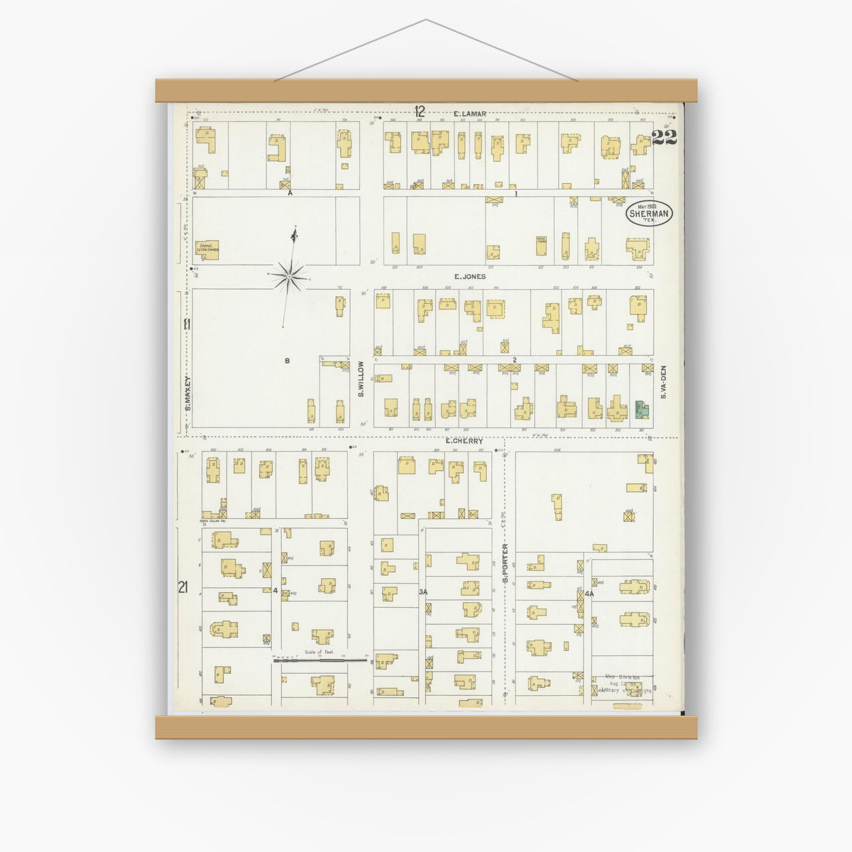 Old map wall art mockup — magnetic wood frame on white wall — Sanborn Fire Insurance Map from Sherman, Grayson County, Texas (1902), Sheet #0022