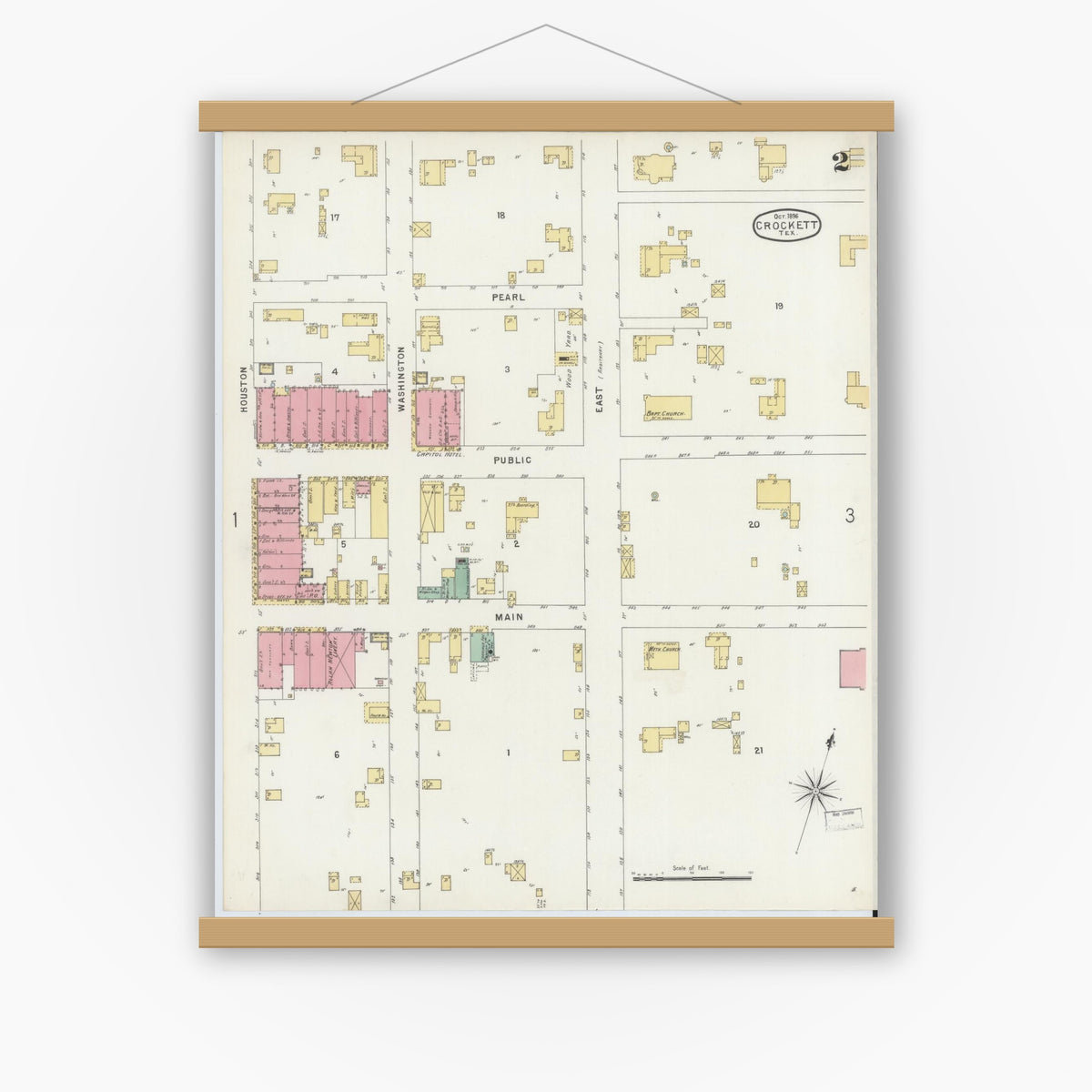 Old map wall art mockup — magnetic wood frame on white wall — Sanborn Fire Insurance Map from Crockett, Houston County, Texas (1896), Sheet #0002