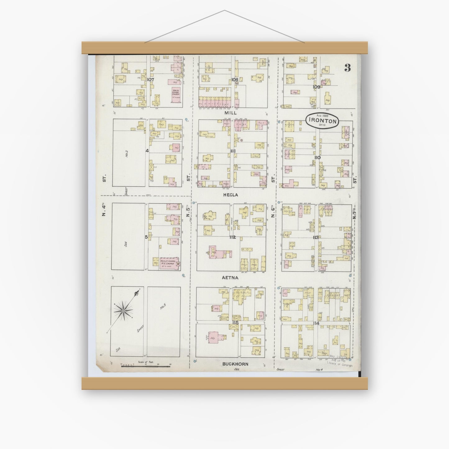 Old map wall art mockup — magnetic wood frame on white wall — Sanborn Fire Insurance Map from Ironton, Lawrence County, Ohio (1889), Sheet #0003