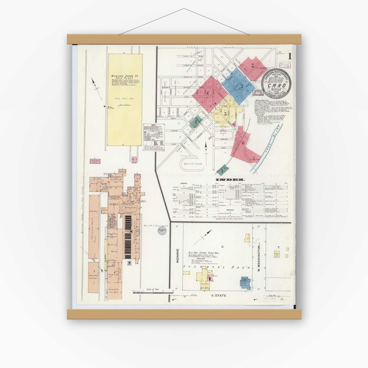 Old map wall art mockup — magnetic wood frame on white wall — Sanborn Fire Insurance Map from Caro, Tuscola County, Michigan (1909) - Complete Map Set