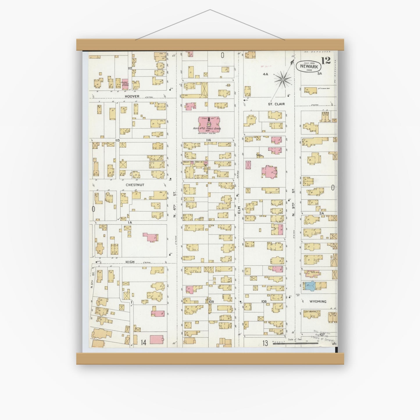Old map wall art mockup — magnetic wood frame on white wall — Sanborn Fire Insurance Map from Newark, Licking County, Ohio (1899), Sheet #0012