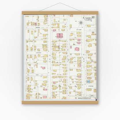 Old map wall art mockup — magnetic wood frame on white wall — Sanborn Fire Insurance Map from Newark, Licking County, Ohio (1899), Sheet #0012