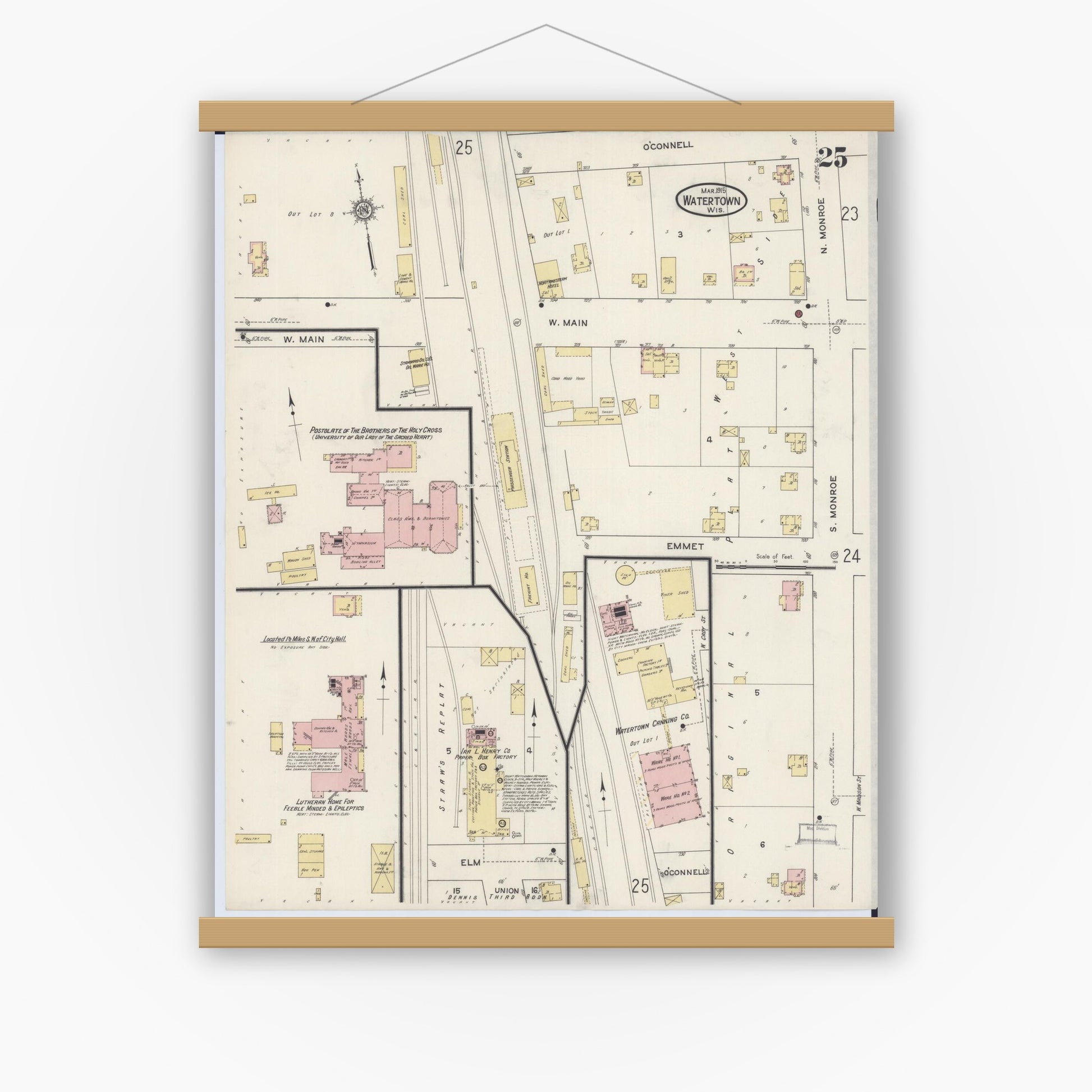Old map wall art mockup — magnetic wood frame on white wall — Sanborn Fire Insurance Map from Watertown, Jefferson County, Wisconsin (1915), Sheet #0026
