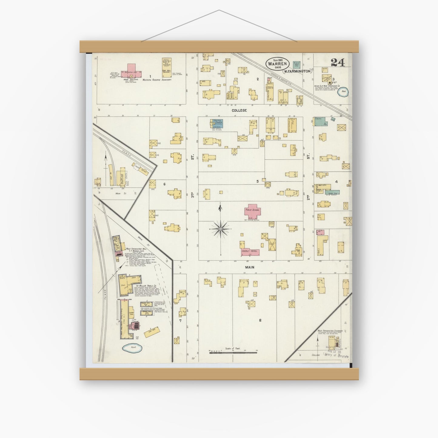 Old map wall art mockup — magnetic wood frame on white wall — Sanborn Fire Insurance Map from Warren, Trumbull County, Ohio (1902), Sheet #0024
