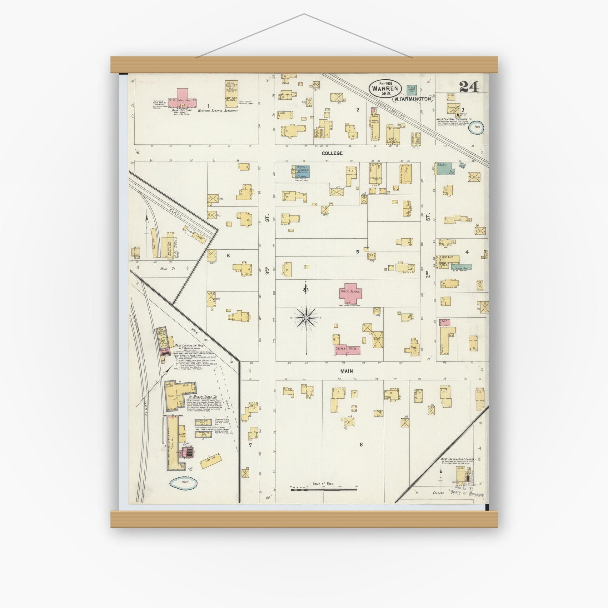 Old map wall art mockup — magnetic wood frame on white wall — Sanborn Fire Insurance Map from Warren, Trumbull County, Ohio (1902), Sheet #0024