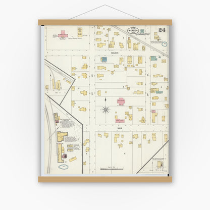 Old map wall art mockup — magnetic wood frame on white wall — Sanborn Fire Insurance Map from Warren, Trumbull County, Ohio (1902), Sheet #0024