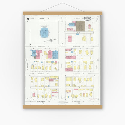 Old map wall art mockup — magnetic wood frame on white wall — Sanborn Fire Insurance Map from Kankakee, Kankakee County, Illinois (1930), Sheet #0003