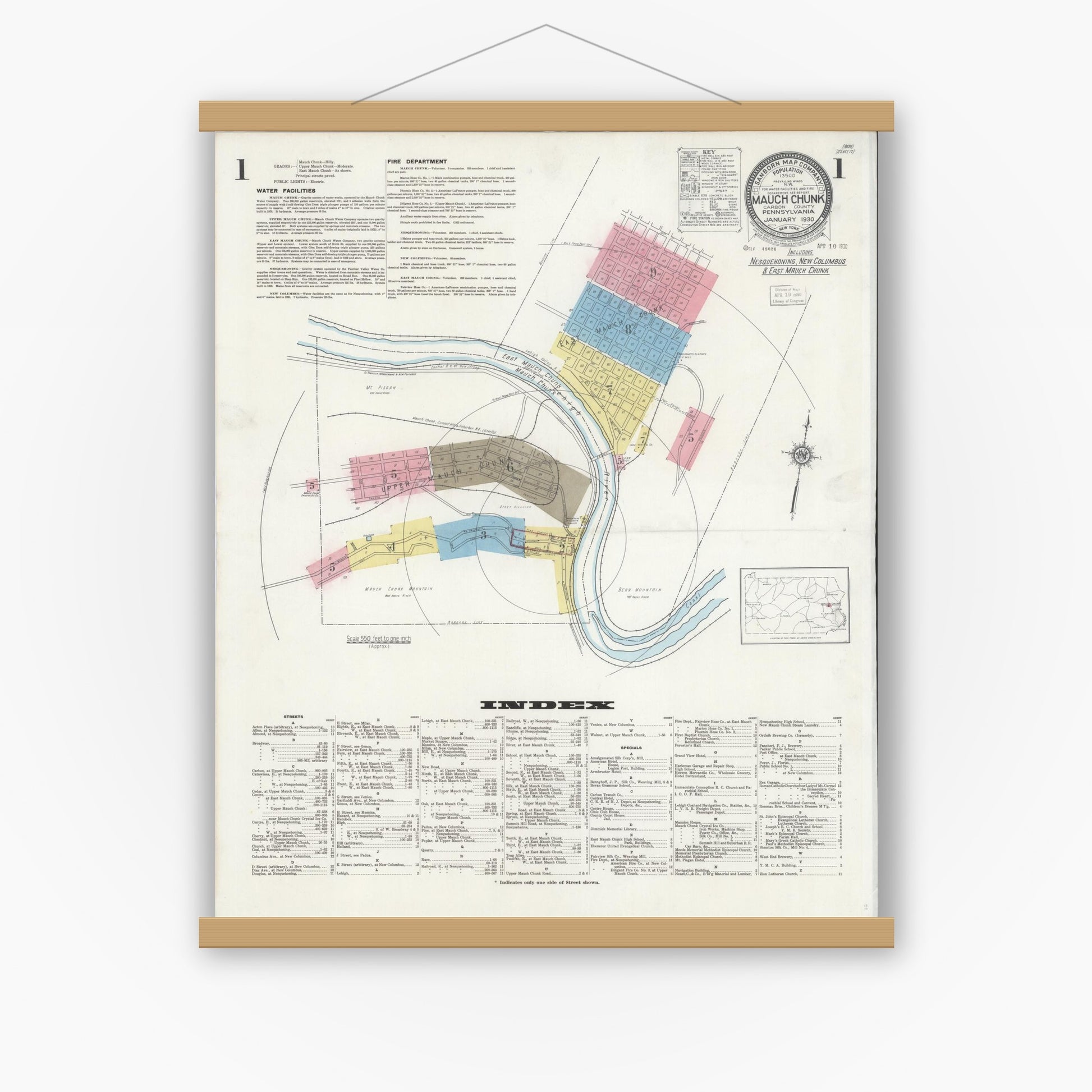Old map wall art mockup — magnetic wood frame on white wall — Sanborn Fire Insurance Map from Mauch Chunk, Carbon County, Pennsylvania (1930) - Complete Map Set