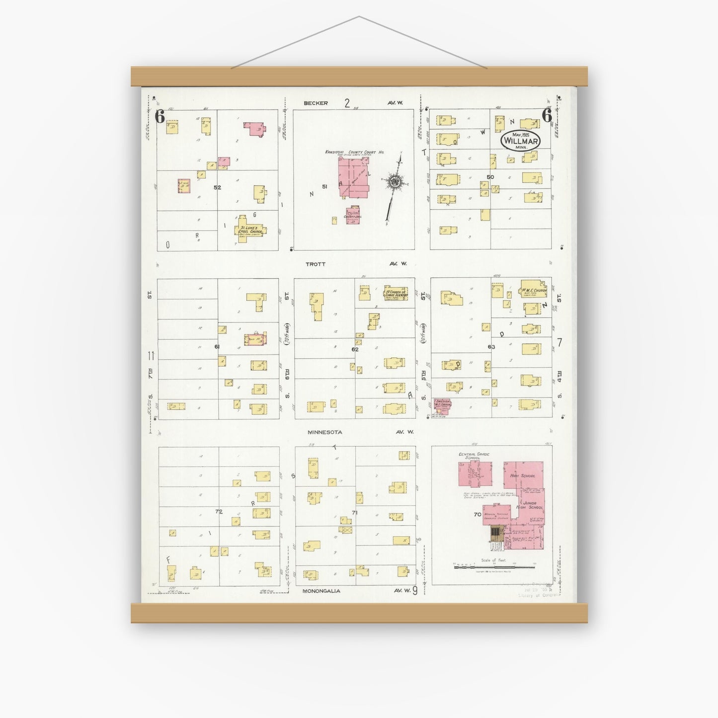 Old map wall art mockup — magnetic wood frame on white wall — Sanborn Fire Insurance Map from Willmar, Kandiyohi County, Minnesota (1925), Sheet #0006