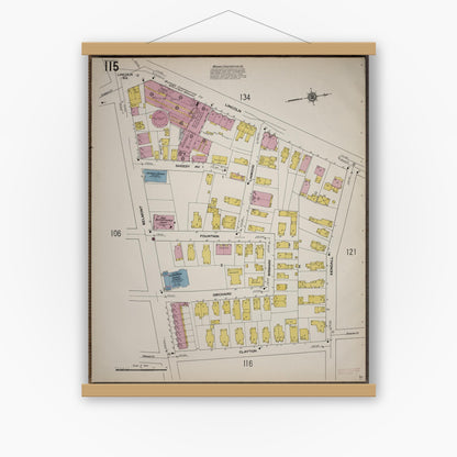 Old map wall art mockup — magnetic wood frame on white wall — Sanborn Fire Insurance Map from Worcester, Worcester County, Massachusetts (1910), Sheet #0115