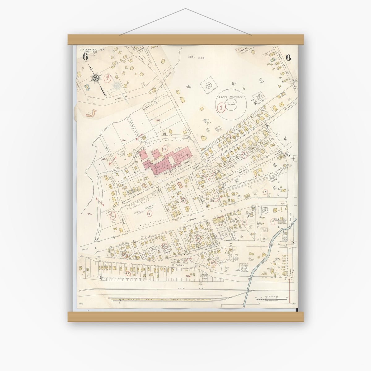 Old map wall art mockup — magnetic wood frame on white wall — Sanborn Fire Insurance Map from Gladewater, Gregg County, Texas (1938), Sheet #0006