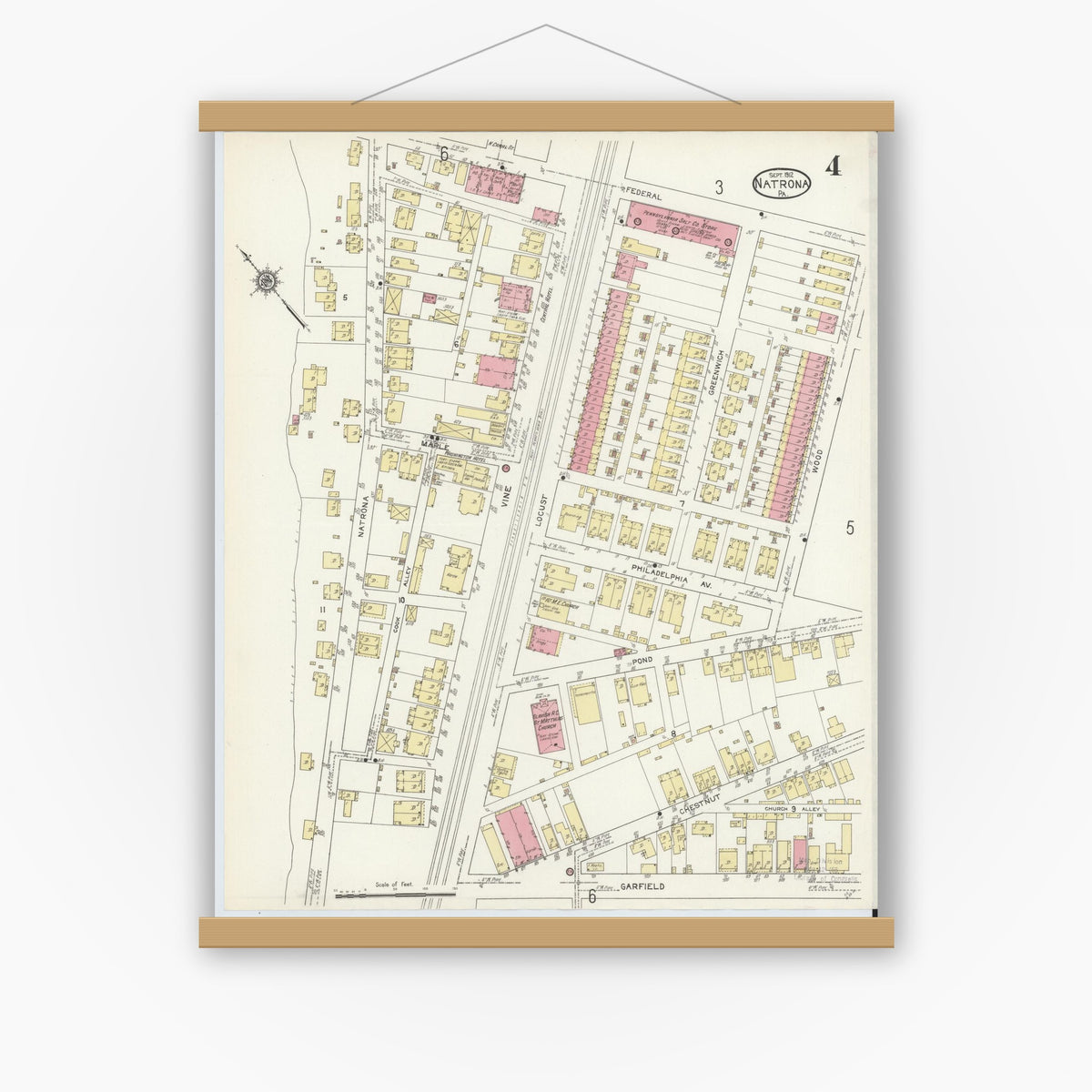 Old map wall art mockup — magnetic wood frame on white wall — Sanborn Fire Insurance Map from Natrona, Allegheny County, Pennsylvania (1912), Sheet #0004