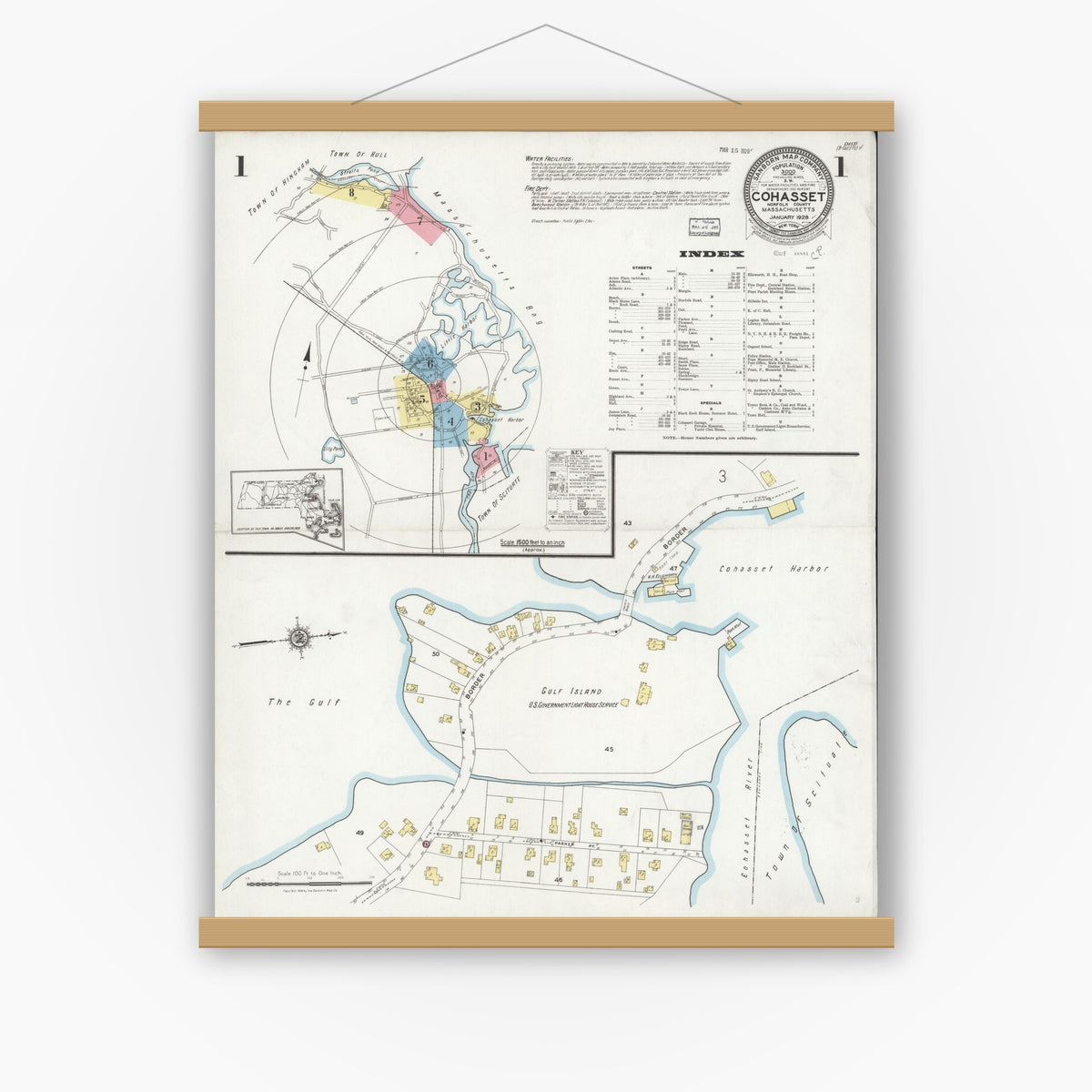 Old map wall art mockup — magnetic wood frame on white wall — Sanborn Fire Insurance Map from Cohasset, Norfolk County, Massachusetts (1928), Sheet #0001