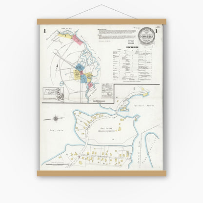 Old map wall art mockup — magnetic wood frame on white wall — Sanborn Fire Insurance Map from Cohasset, Norfolk County, Massachusetts (1928), Sheet #0001