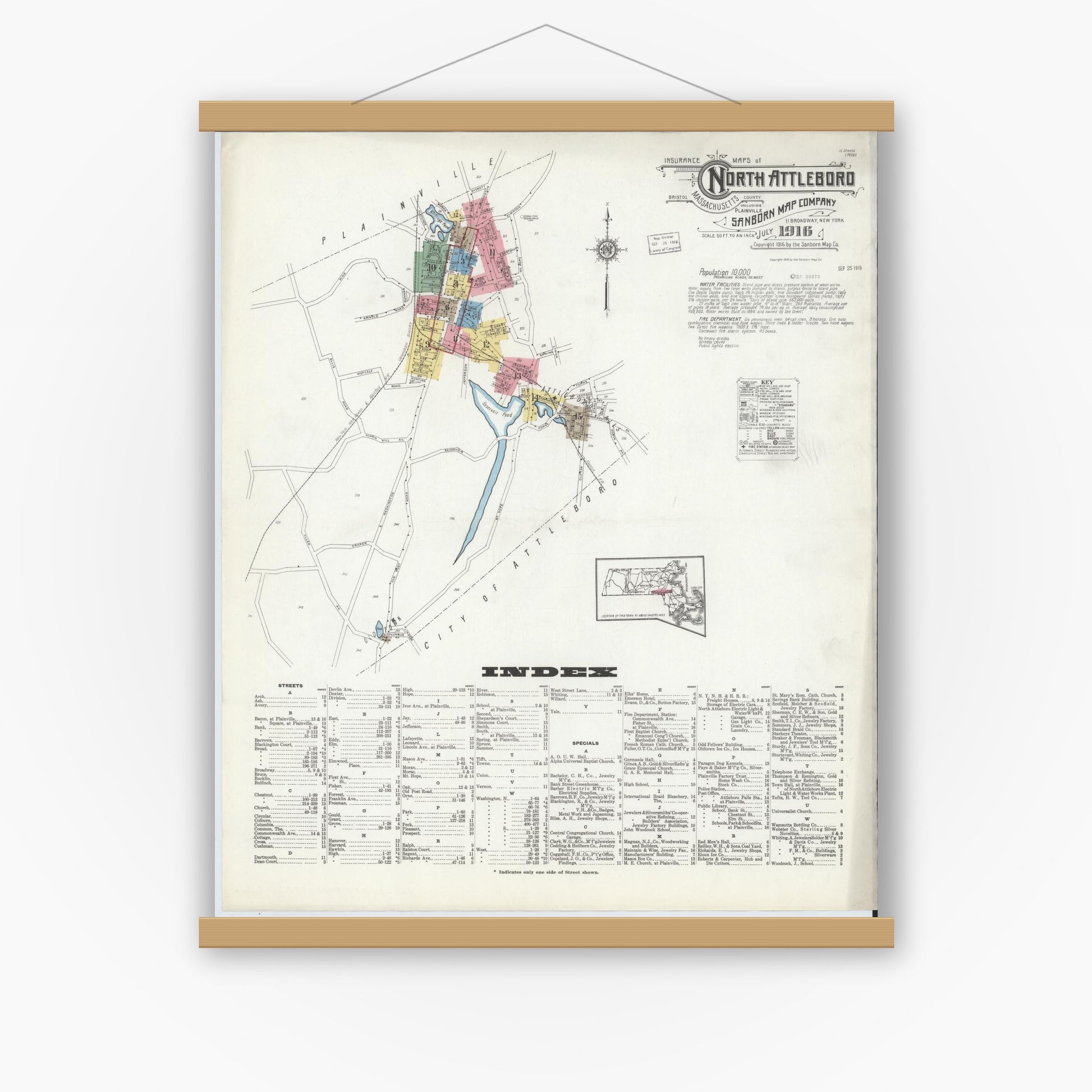 Old map wall art mockup — magnetic wood frame on white wall — Sanborn Fire Insurance Map from North Attleborough, Bristol County, Massachusetts (1916), Sheet #0001