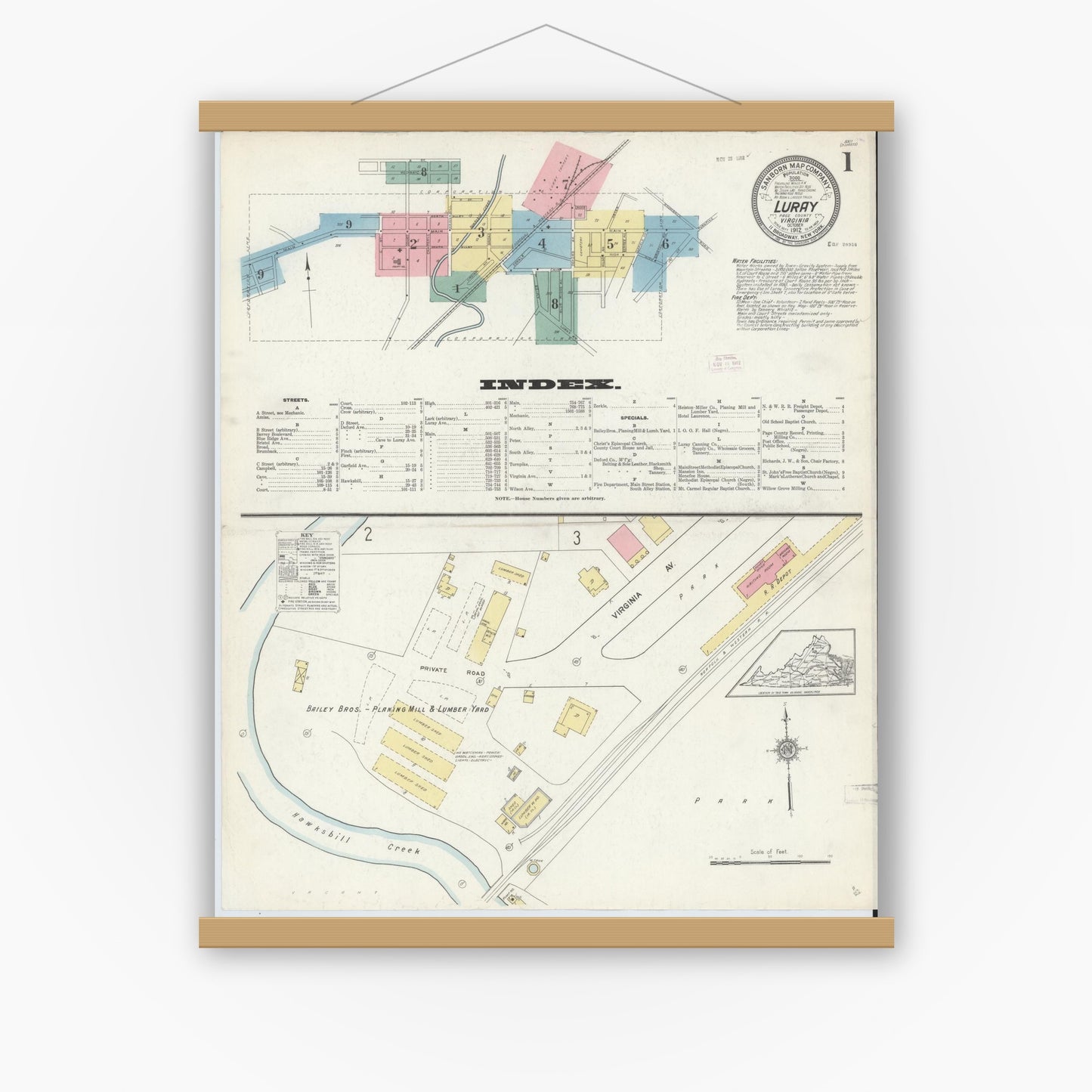 Old map wall art mockup — magnetic wood frame on white wall — Sanborn Fire Insurance Map from Luray, Page County, Virginia (1912) - Complete Map Set
