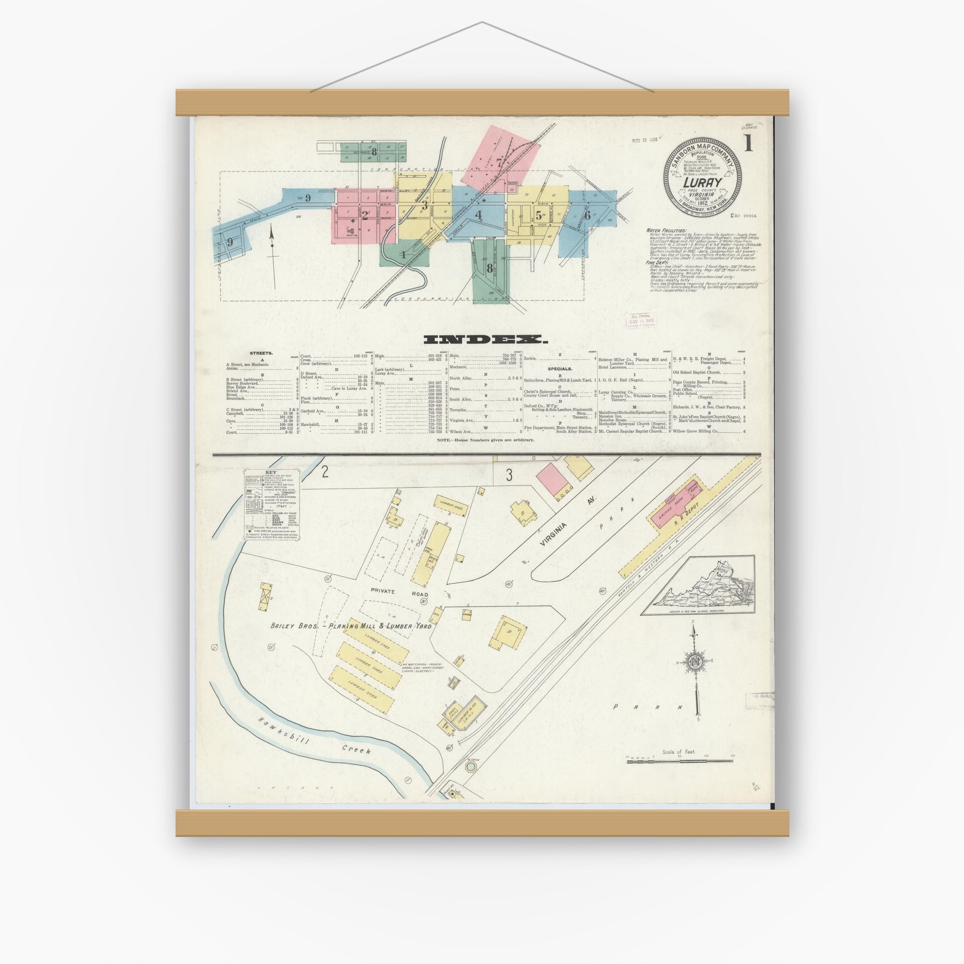 Old map wall art mockup — magnetic wood frame on white wall — Sanborn Fire Insurance Map from Luray, Page County, Virginia (1912) - Complete Map Set