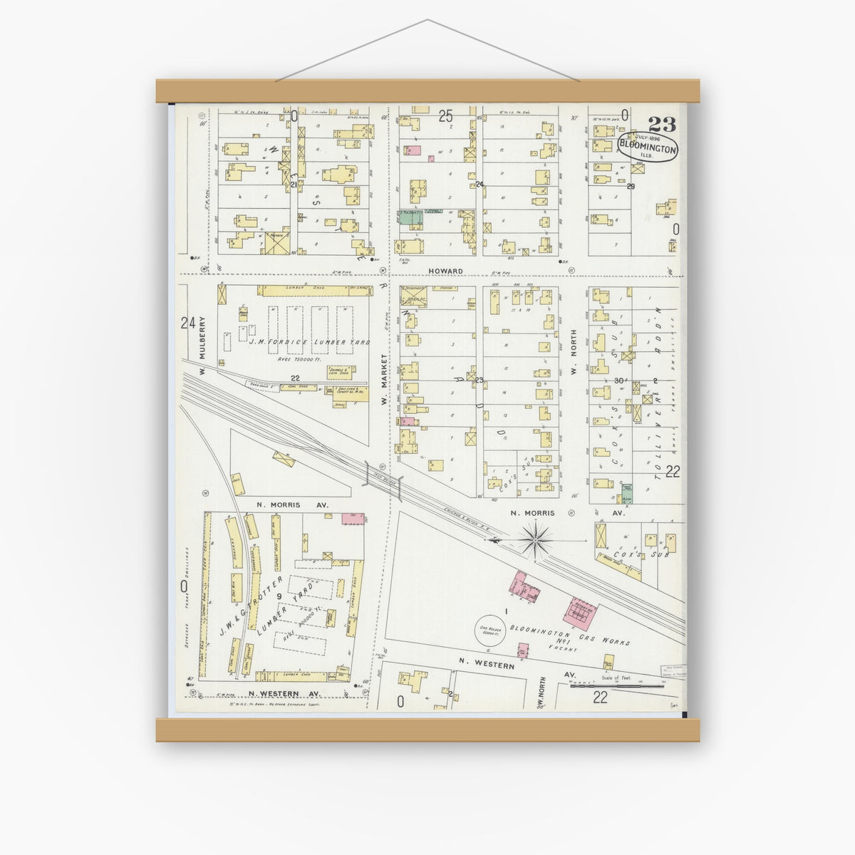 Old map wall art mockup — magnetic wood frame on white wall — Sanborn Fire Insurance Map from Bloomington, McLean County, Illinois (1896), Sheet #0023