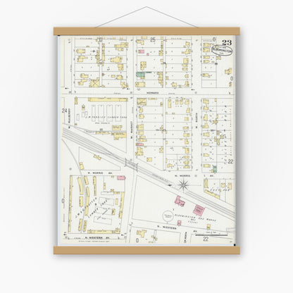 Old map wall art mockup — magnetic wood frame on white wall — Sanborn Fire Insurance Map from Bloomington, McLean County, Illinois (1896), Sheet #0023