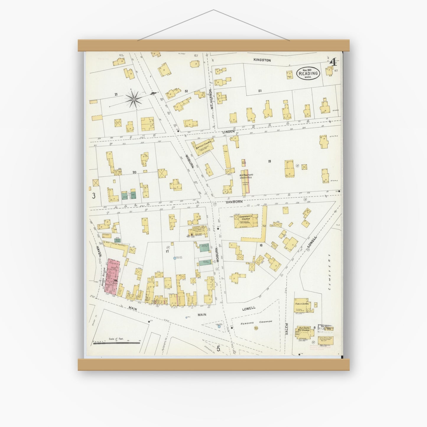 Old map wall art mockup — magnetic wood frame on white wall — Sanborn Fire Insurance Map from Reading, Middlesex County, Massachusetts (1903), Sheet #0004
