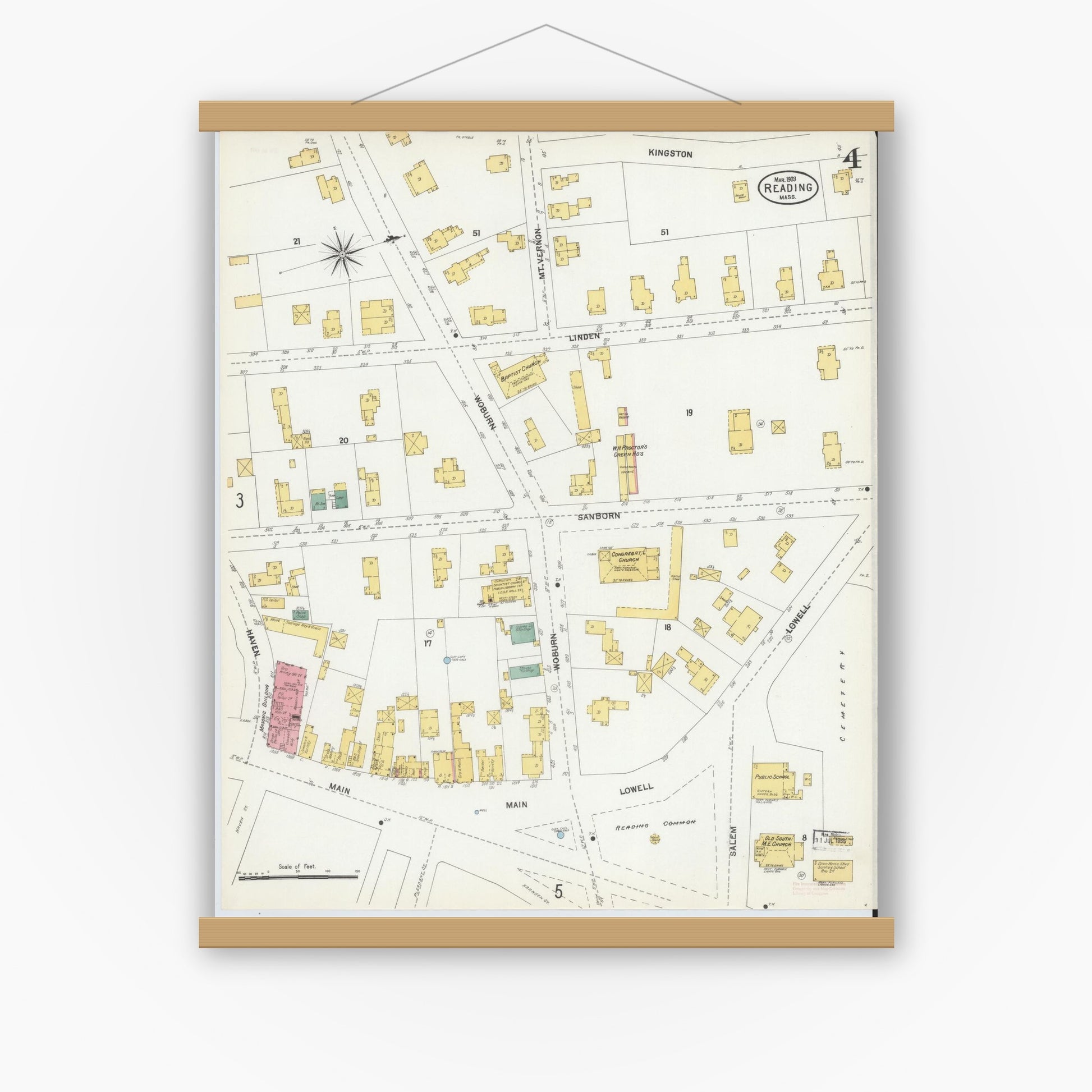 Old map wall art mockup — magnetic wood frame on white wall — Sanborn Fire Insurance Map from Reading, Middlesex County, Massachusetts (1903), Sheet #0004