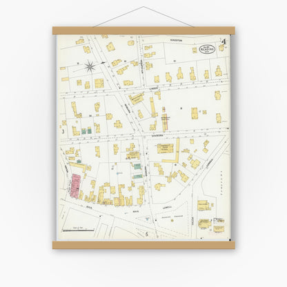 Old map wall art mockup — magnetic wood frame on white wall — Sanborn Fire Insurance Map from Reading, Middlesex County, Massachusetts (1903), Sheet #0004
