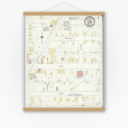 Old map wall art mockup — magnetic wood frame on white wall — Sanborn Fire Insurance Map from Lyons, Greene County, Indiana (1910) - Complete Map Set