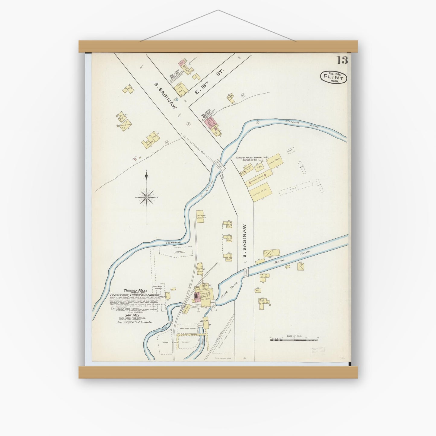 Old map wall art mockup — magnetic wood frame on white wall — Sanborn Fire Insurance Map from Flint, Genesee County, Michigan (1886), Sheet #0013