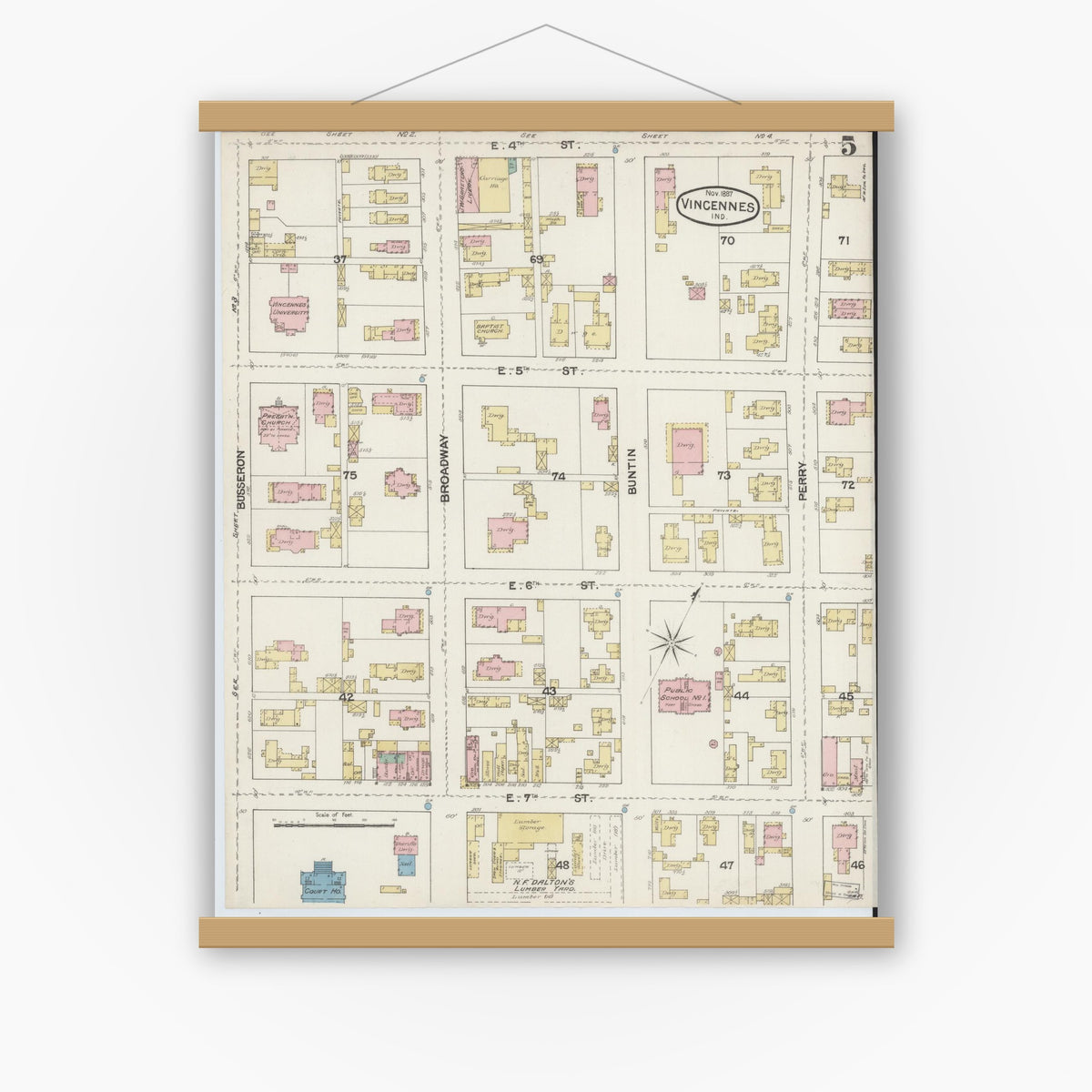 Old map wall art mockup — magnetic wood frame on white wall — Sanborn Fire Insurance Map from Vincennes, Knox County, Indiana (1887), Sheet #0005