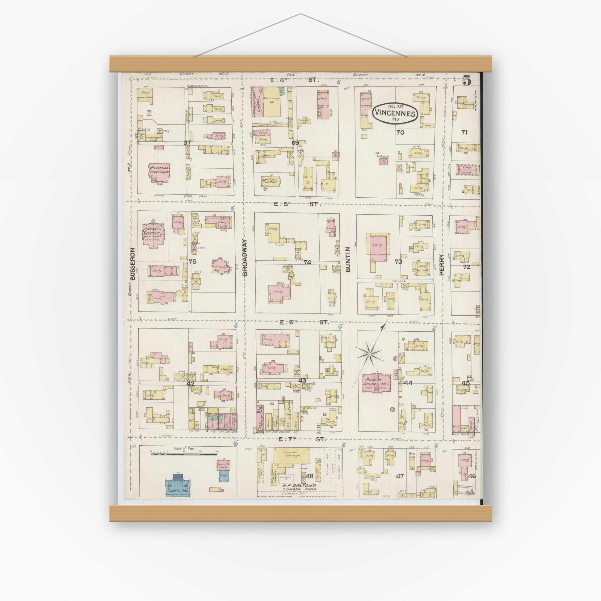 Old map wall art mockup — magnetic wood frame on white wall — Sanborn Fire Insurance Map from Vincennes, Knox County, Indiana (1887), Sheet #0005