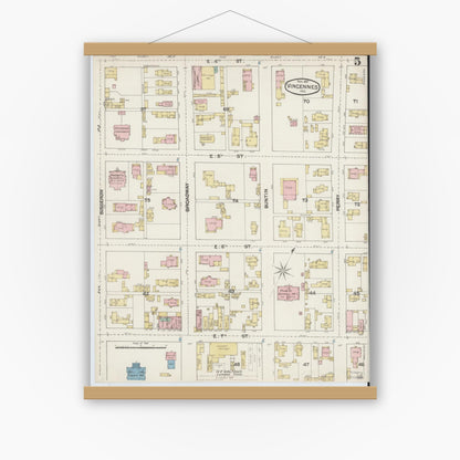 Old map wall art mockup — magnetic wood frame on white wall — Sanborn Fire Insurance Map from Vincennes, Knox County, Indiana (1887), Sheet #0005