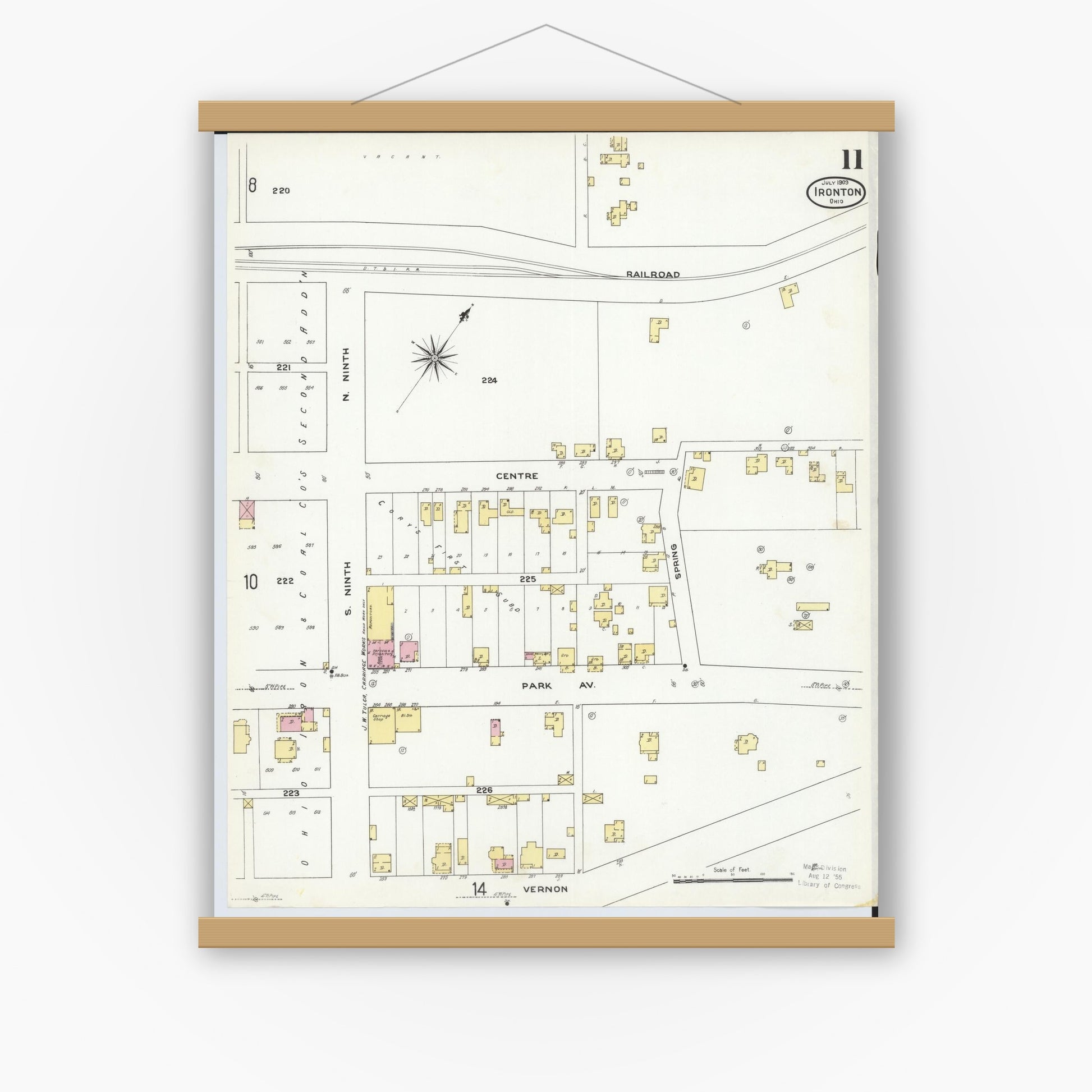Old map wall art mockup — magnetic wood frame on white wall — Sanborn Fire Insurance Map from Ironton, Lawrence County, Ohio (1909), Sheet #0011