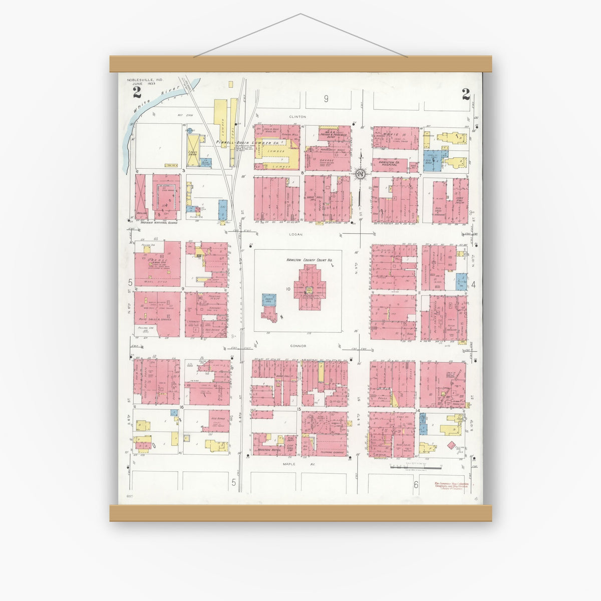 Old map wall art mockup — magnetic wood frame on white wall — Sanborn Fire Insurance Map from Noblesville, Hamilton County, Indiana (1933), Sheet #0002