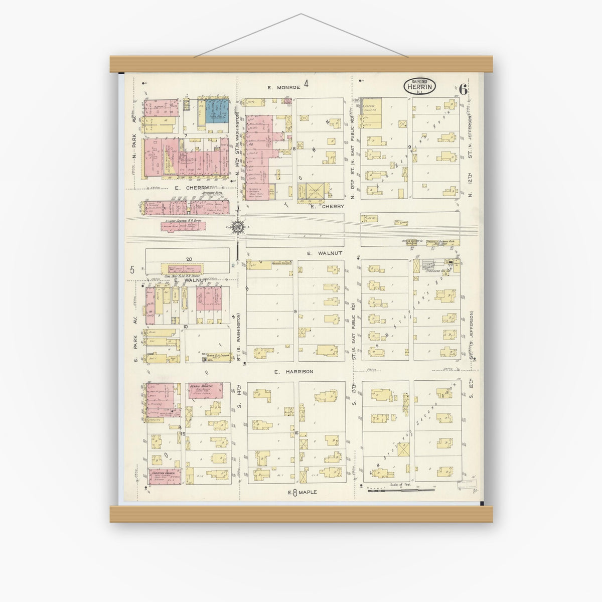 Old map wall art mockup — magnetic wood frame on white wall — Sanborn Fire Insurance Map from Herrin, Williamson County, Illinois (1913), Sheet #0006