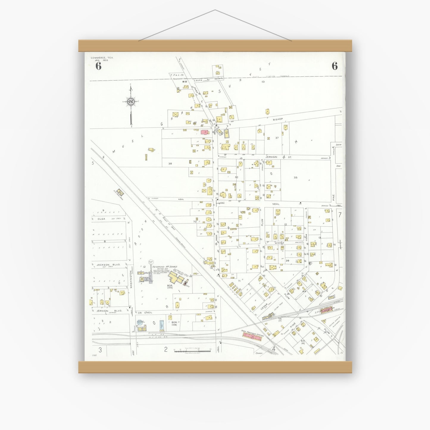 Old map wall art mockup — magnetic wood frame on white wall — Sanborn Fire Insurance Map from Commerce, Hunt County, Texas (1933), Sheet #0006