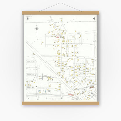 Old map wall art mockup — magnetic wood frame on white wall — Sanborn Fire Insurance Map from Commerce, Hunt County, Texas (1933), Sheet #0006