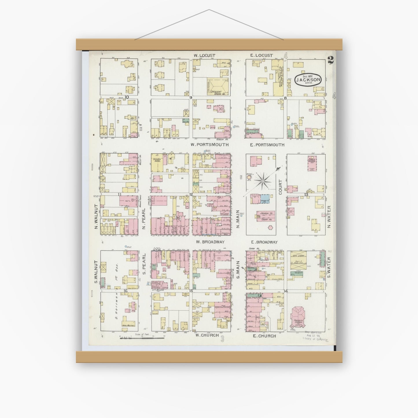 Old map wall art mockup — magnetic wood frame on white wall — Sanborn Fire Insurance Map from Jackson, Jackson County, Ohio (1892), Sheet #0002