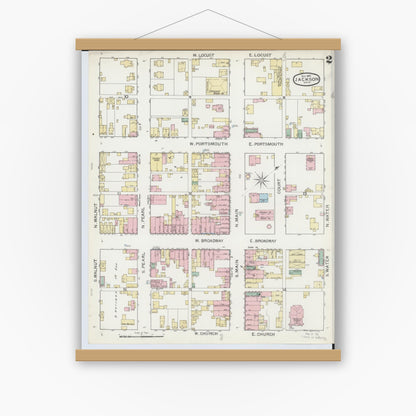 Old map wall art mockup — magnetic wood frame on white wall — Sanborn Fire Insurance Map from Jackson, Jackson County, Ohio (1892), Sheet #0002
