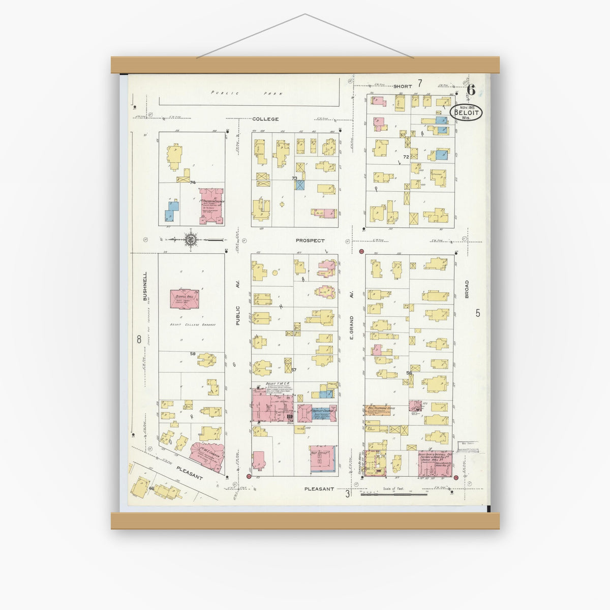Old map wall art mockup — magnetic wood frame on white wall — Sanborn Fire Insurance Map from Beloit, Rock County, Wisconsin (1915), Sheet #0006