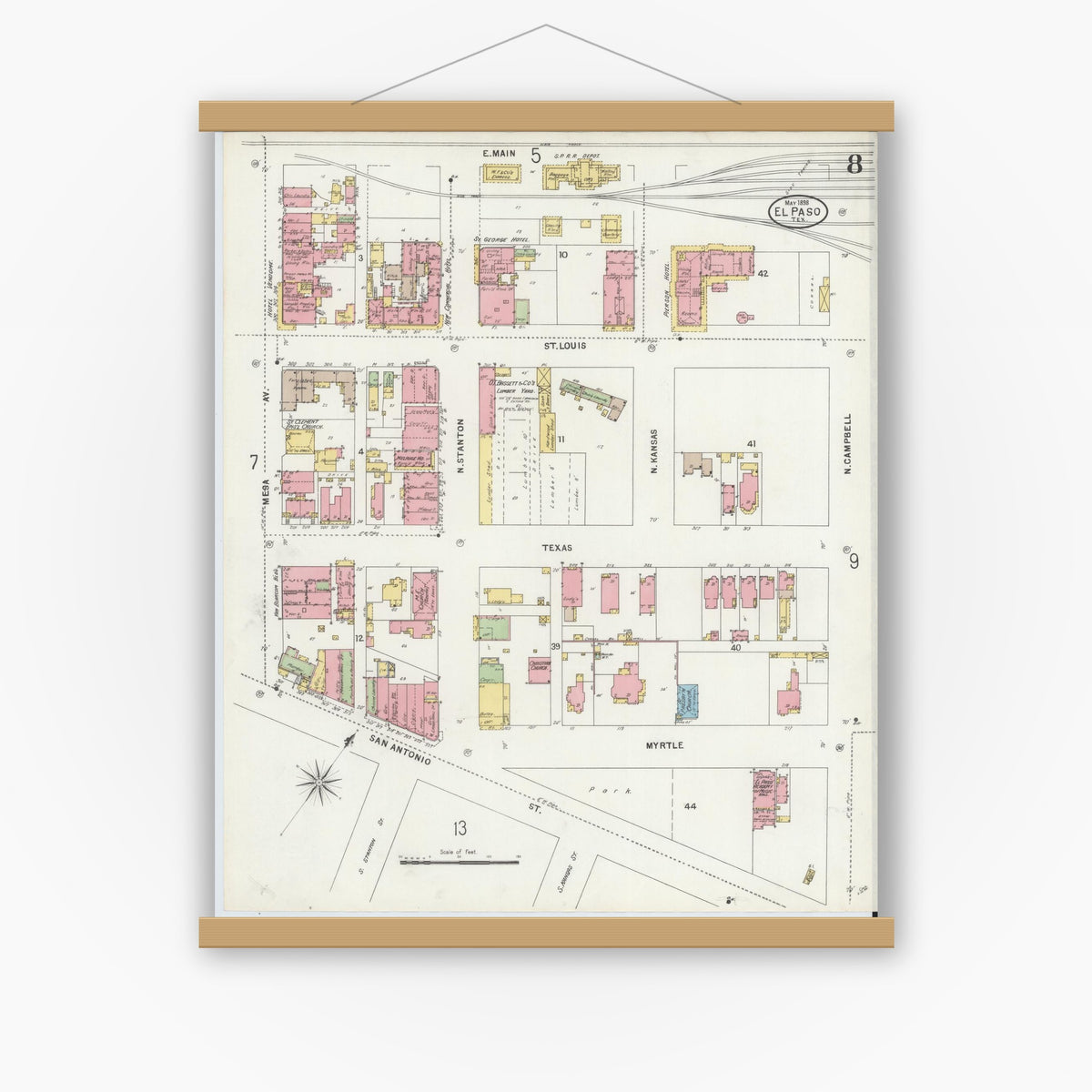 Old map wall art mockup — magnetic wood frame on white wall — Sanborn Fire Insurance Map from El Paso, El Paso County, Texas (1898), Sheet #0008