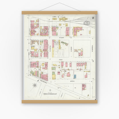 Old map wall art mockup — magnetic wood frame on white wall — Sanborn Fire Insurance Map from El Paso, El Paso County, Texas (1898), Sheet #0008
