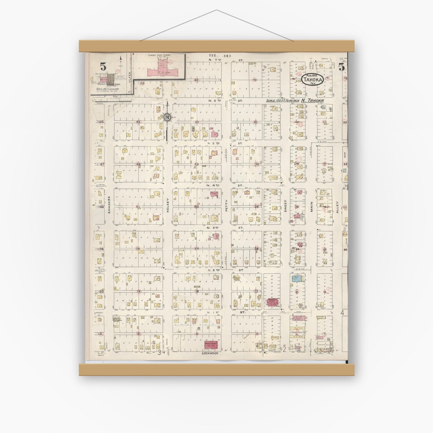 Old map wall art mockup — magnetic wood frame on white wall — Sanborn Fire Insurance Map from Tahoka, Lynn County, Texas (1941), Sheet #0005