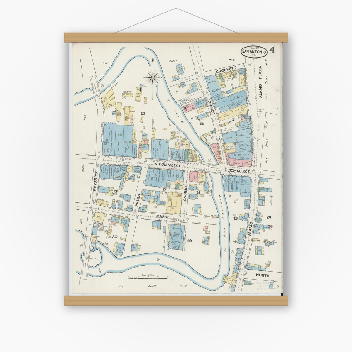 Old map wall art mockup — magnetic wood frame on white wall — Sanborn Fire Insurance Map from San Antonio, Bexar County, Texas (1888), Sheet #0004