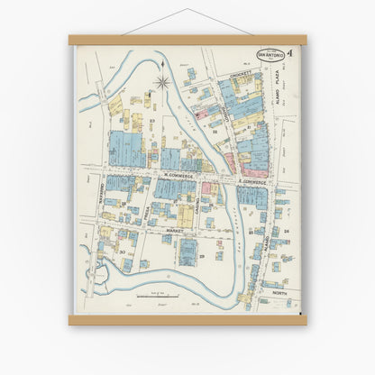 Old map wall art mockup — magnetic wood frame on white wall — Sanborn Fire Insurance Map from San Antonio, Bexar County, Texas (1888), Sheet #0004
